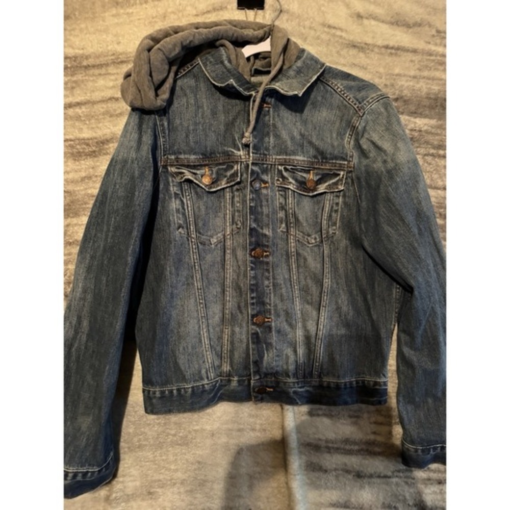 Hollister Mens XXL Hooded Denim Trucker Jacket Medium Wash‎ Layered Blue Grey